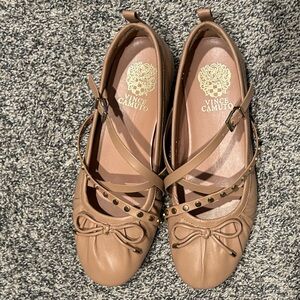 Vince Camaro Tan Leather Bow Ballet Flats with Studded Straps